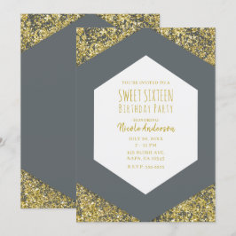 Invitación Purpurina Gris y Dorado Glam Fiesta Sweet 16