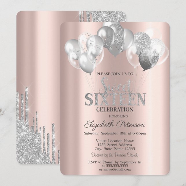 Invitación Purpurina Guay Silver Drips Balloons Sweet 16 (Anverso / Reverso)