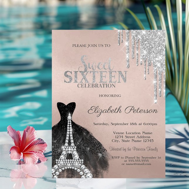 Invitación Purpurina Guay Silver Drips Dress Dulce Negro 16 (Subido por el creador)