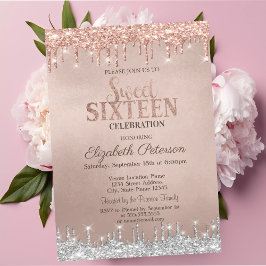 Invitación Purpurina Guay Silver Drips Rosa Gold Sweet 16