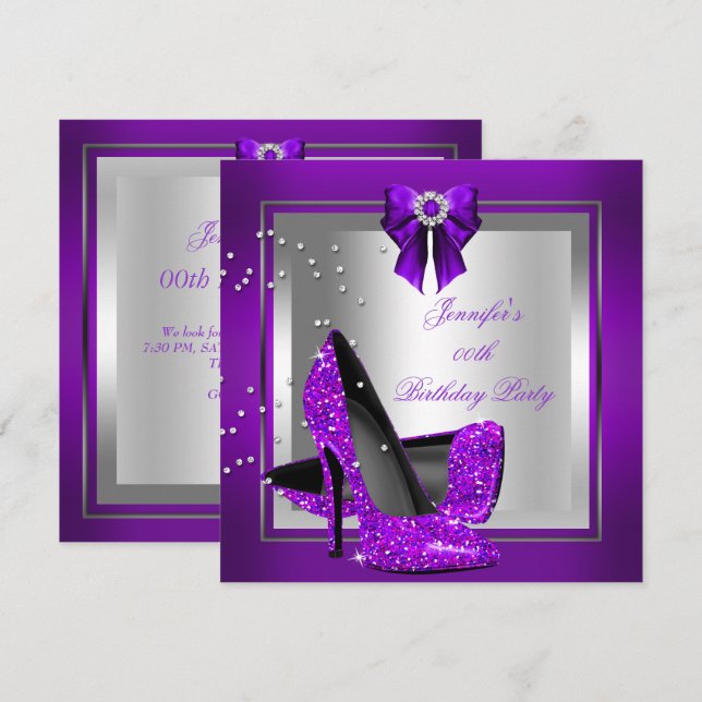 Invitación Purpurina High Heel Shoe Silver Purple Cumpleaños (Anverso / Reverso)