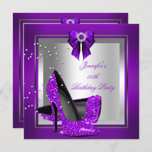 Invitación Purpurina High Heel Shoe Silver Purple Cumpleaños