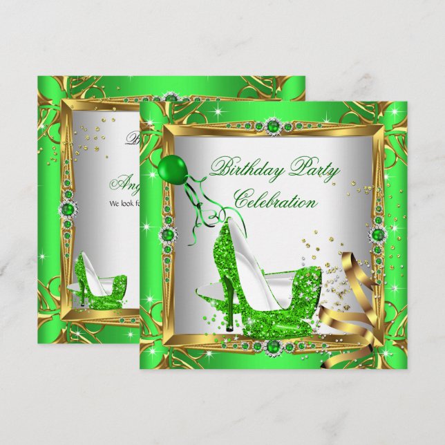 Invitación Purpurina High Heel Shoes Lime Green Gold Fiesta (Anverso / Reverso)
