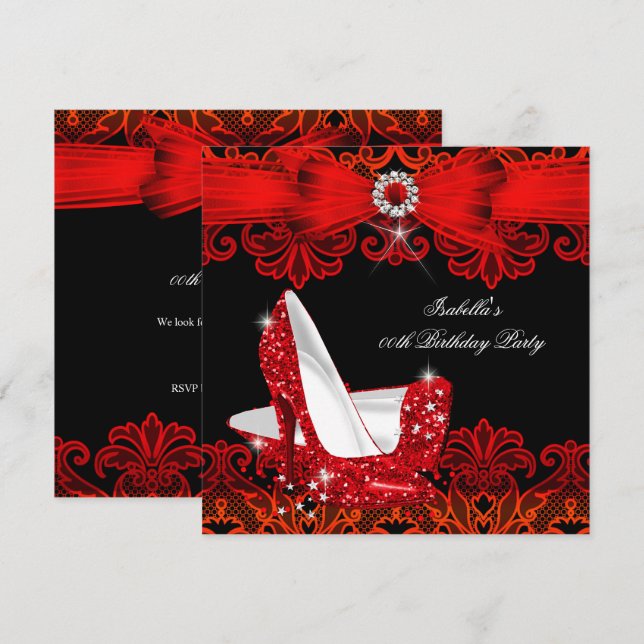 Invitación Purpurina High Heels Red Lace Diamond Stiletto Sho (Anverso / Reverso)