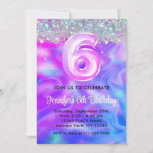 Invitación Purpurina holográfico 6 cumpleaños Girly Purple