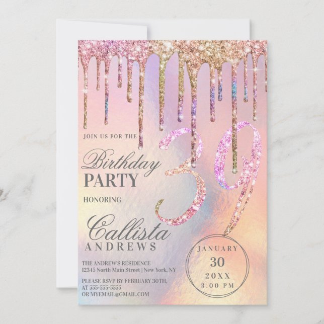 Invitación Purpurina holográfico arcoiris gotea edad Cumpleañ (Anverso)