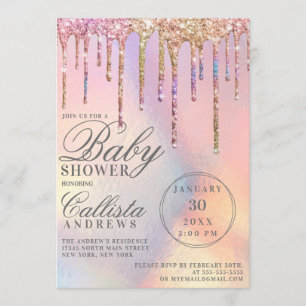 Invitación Purpurina holográfico arcoiris gotea en Baby Showe