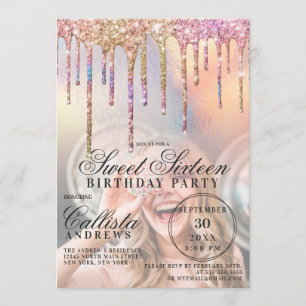 Invitación Purpurina holográfico arcoiris gotea foto dulce 16
