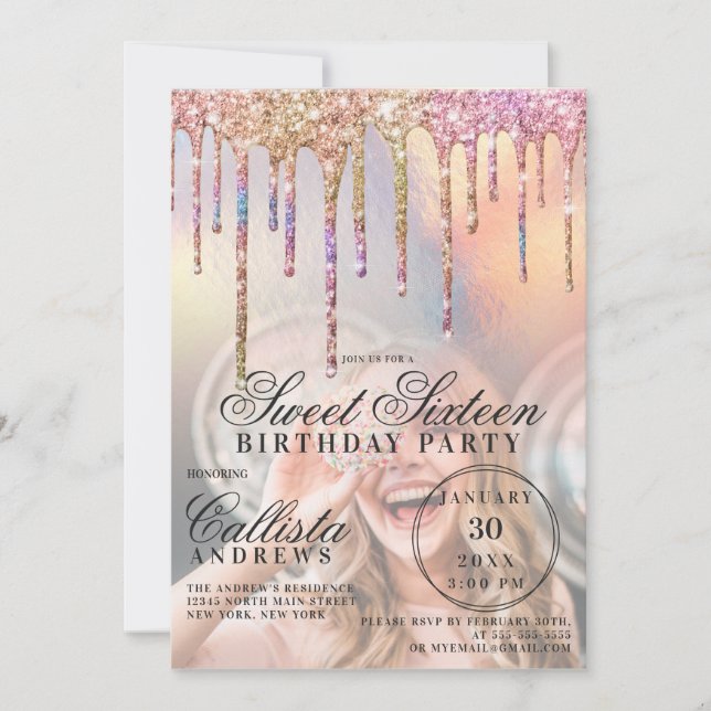 Invitación Purpurina holográfico arcoiris gotea foto dulce 16 (Anverso)