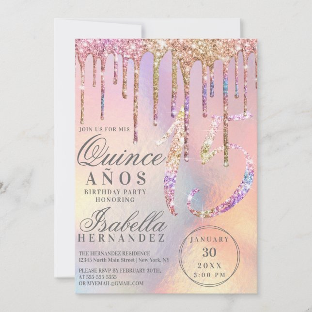 Invitación Purpurina holográfico arcoiris gotea Quinceañera (Anverso)