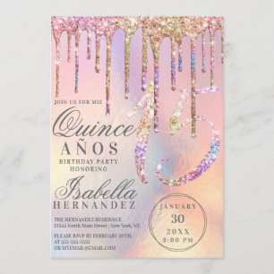Invitación Purpurina holográfico arcoiris gotea Quinceañera