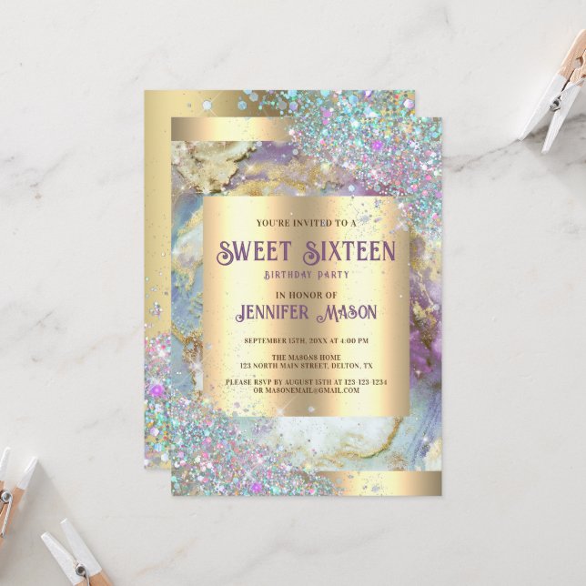 Invitación Purpurina holográfico Dulce de Mármol de oro moder (Anverso/Reverso In Situ)