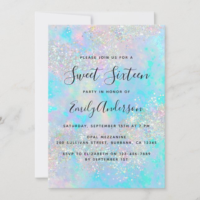 Invitación Purpurina Holográfico Dulce Irlandés Opal Dieciséi (Anverso)