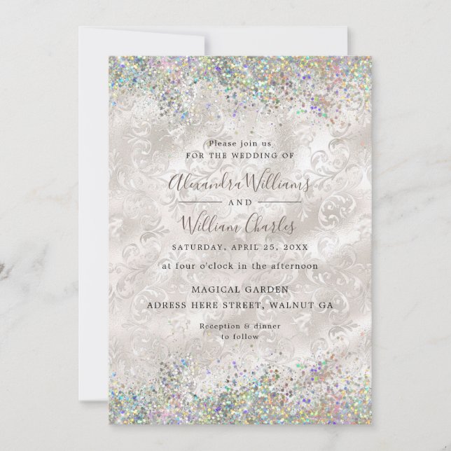Invitación Purpurina holográfico elegante Boda de marfil eleg (Anverso)