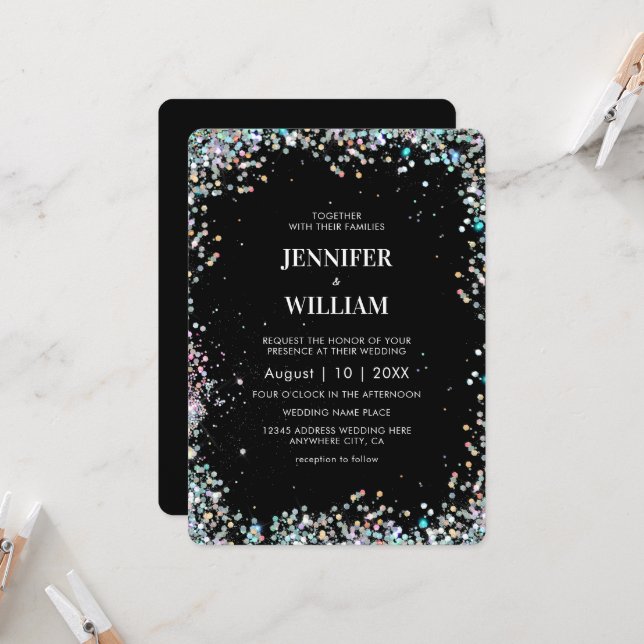Invitación Purpurina holográfico moderno elegante Boda negro (Anverso/Reverso In Situ)
