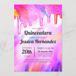 Invitación Purpurina holográfico Neon Unicorn Drip Quinceañer