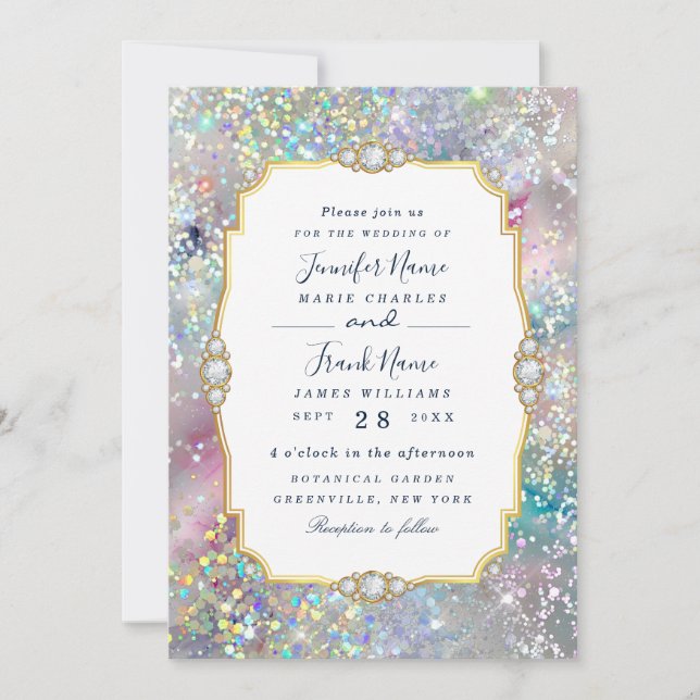 Invitación Purpurina Holográfico Pastel Alcohol Ink  Elegante (Anverso)