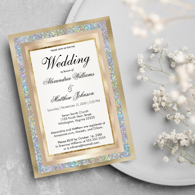 Invitación Purpurina holográfico plateado Boda de oro de cham (Silver holographic glitter champagne gold Wedding)
