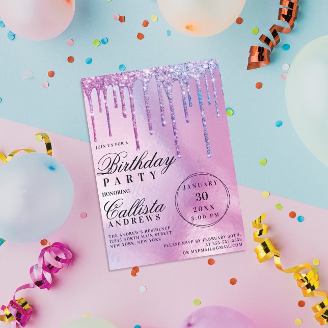 Invitación Purpurina holográfico púrpura gotea cumpleaños (Subido por el creador)