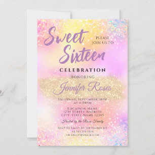 Invitación Purpurina holográfico Sparkles Sweet 16 Girly Mode