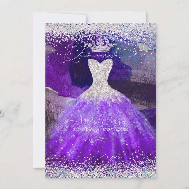 Invitación Purpurina holográfico Ultra Violet Quinceanera Gow (Anverso)