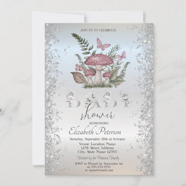 Invitación Purpurina hongos mariposas Baby Shower plateado (Anverso)