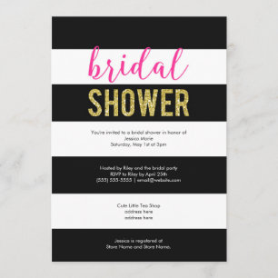 Invitación Purpurina Hot Pink Black Stripes Bridal Shower