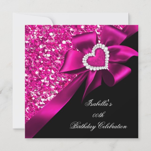 Invitación Purpurina Hot Pink Heart Bow Black Birday Party (Anverso)