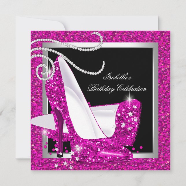 Invitación Purpurina Hot Pink High Heels Black Birday Party (Anverso)