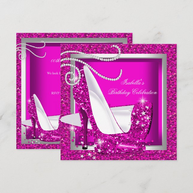 Invitación Purpurina Hot Pink High Heels Fiesta de cumpleaños (Anverso / Reverso)
