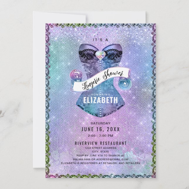 Invitación Purpurina Lace Corset Lingerie Bridal Shower (Anverso)