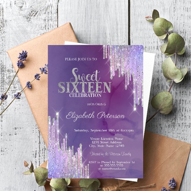 Invitación Purpurina Lavander Moderno gotea dulce violeta 16 (Subido por el creador)