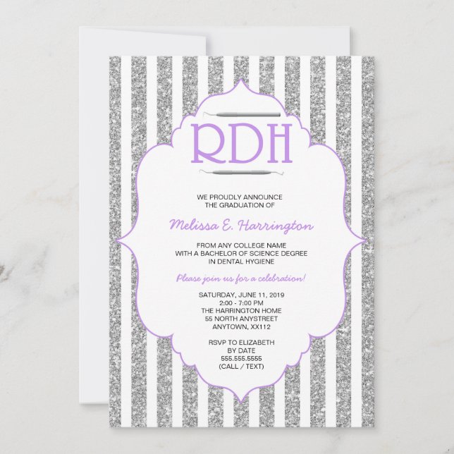Invitación Purpurina Lavender RDH licenciado odontólogo higie (Anverso)