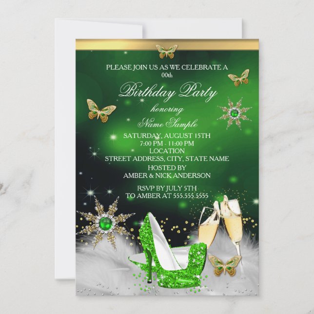 Invitación Purpurina Lime Green Butterfly Heels Gold Champagn (Anverso)