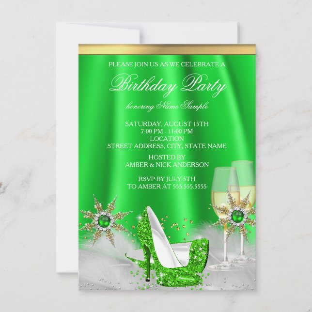 Invitación Purpurina Lime Green High Heels Gold Champagne Fie (Anverso)