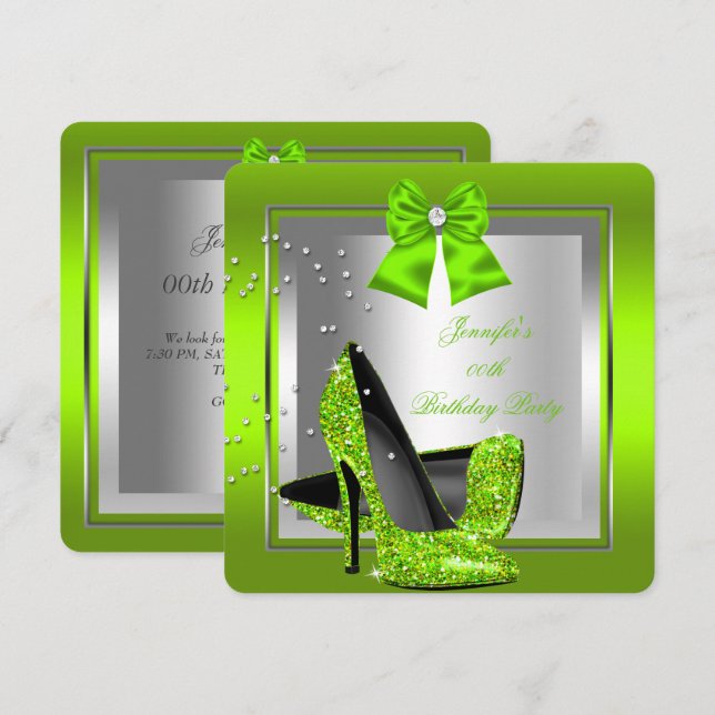 Invitación Purpurina Lime Green High Heol Birthday Party (Anverso / Reverso)