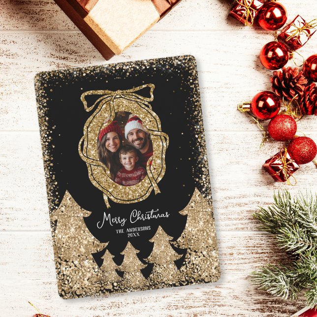 Invitación Purpurina lindo Oro Feliz Navidad Foto familiar (Subido por el creador)