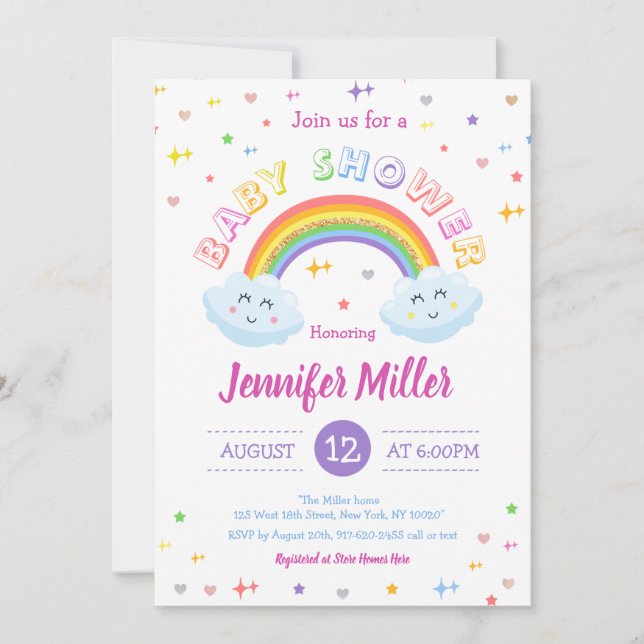 Invitación Purpurina lindo Rainbow Colorful Nubes Baby Shower (Anverso)