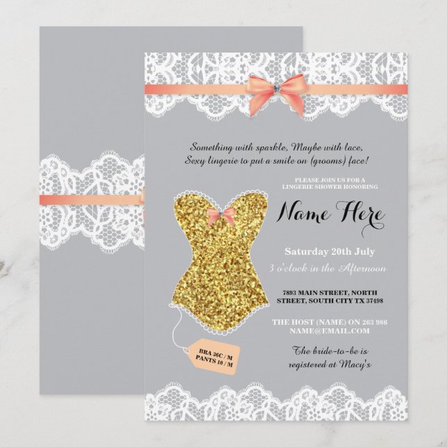 Invitación Purpurina Lingerie Shower Bridal Gold Coral Invita (Anverso / Reverso)