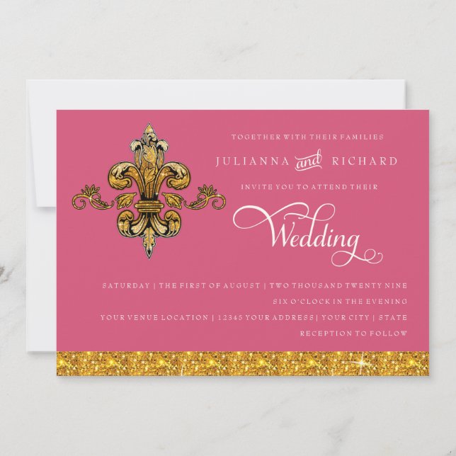 Invitación Purpurina Look Faux Gold Black Formal Fleur de Lis (Reverso)