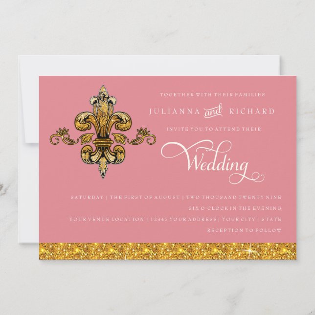 Invitación Purpurina Look Faux Gold Black Formal Fleur de Lis (Reverso)