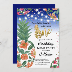 Invitación Purpurina Luau Tropical Piña Luz Primer Cumpleaños