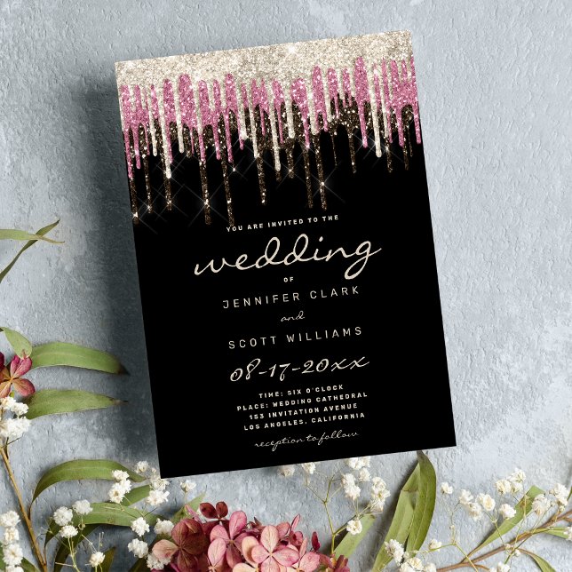 Invitación Purpurina lujoso dorado negro de cristal rosa gote (Luxury black gold pink glam glitter drips wedding )
