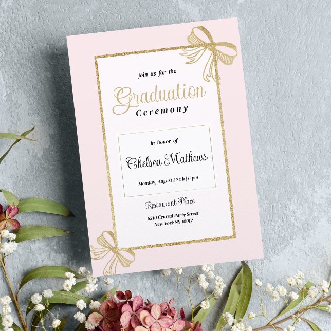 Invitación Purpurina lujoso rosa dorado rosa arco de lujo Gra (Luxury blush pink gold glitter bow Graduation )