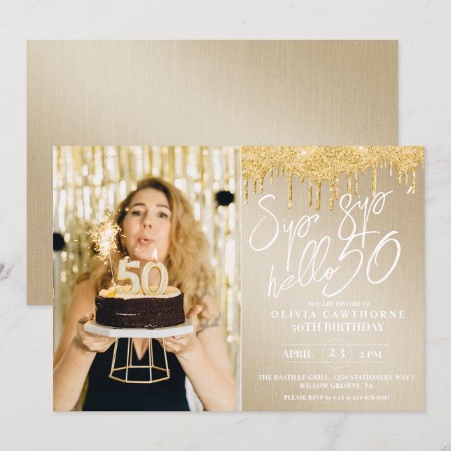 Invitación Purpurina Lux Gold Invitat 50th Photo Birthday (Anverso / Reverso)