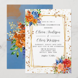 Invitación Purpurina Lux Naranja azul acuarela Boda floral