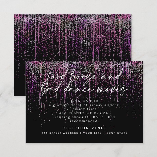 Invitación Purpurina Magenta de la recepción de boda moderna (Anverso / Reverso)