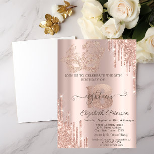 Invitación Purpurina Masque Goteos Rosa Dorado Cumpleaños 18