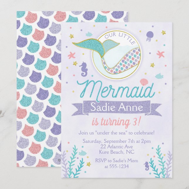 Invitación Purpurina Mermaid cumpleaños Pink Gold Purple Verd (Anverso / Reverso)