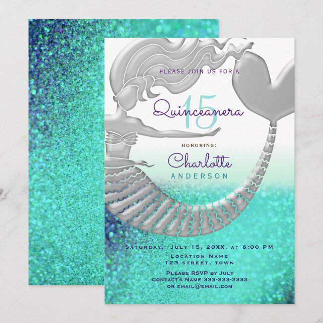 Invitación Purpurina Mermaid Quinceanera Cumpleaños (Anverso / Reverso)